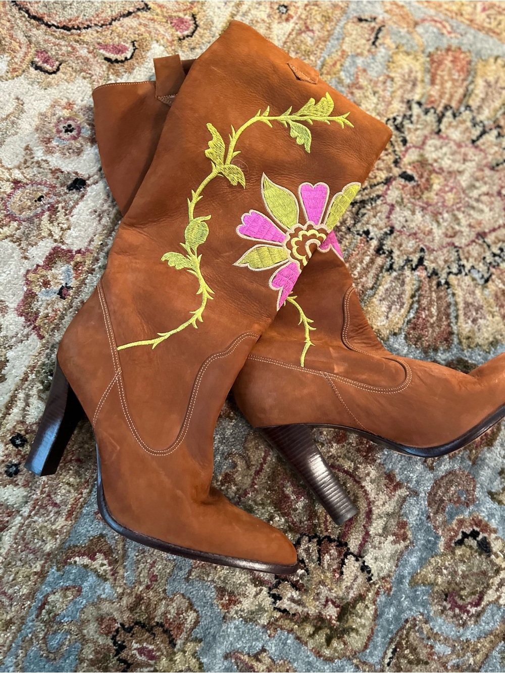 Vince Camino Suede Embroidered Western Boots - Pink & Green Floral